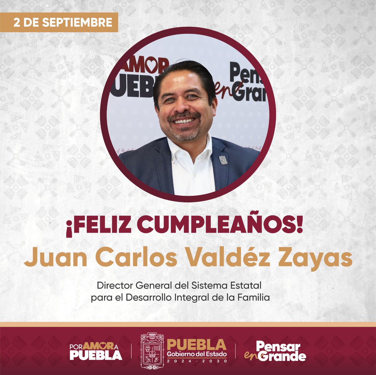 Secretaría Anticorrupción y Buen Gobierno (@buengobiernopue) on Twitter photo ¡Feliz cumpleaños! 🥳
De parte de las y los integrantes de esta dependencia encabezada por <a href="/alespidio/">Alejandro Espidio</a>, felicitamos con admiración y respeto a Juan Carlos Valdéz Zayas (<a href="/witosvaldez/">Juan Carlos Valdez</a>), Director General del <a href="/DIFGobPue/">Sistema Estatal DIF</a>.
#PorAmorAPuebla #PensarEnGrande ¡Feliz cumpleaños! 🥳
De parte de las y los integrantes de esta dependencia encabezada por <a href="/alespidio/">Alejandro Espidio</a>, felicitamos con admiración y respeto a Juan Carlos Valdéz Zayas (<a href="/witosvaldez/">Juan Carlos Valdez</a>), Director General del <a href="/DIFGobPue/">Sistema Estatal DIF</a>.
#PorAmorAPuebla #PensarEnGrande