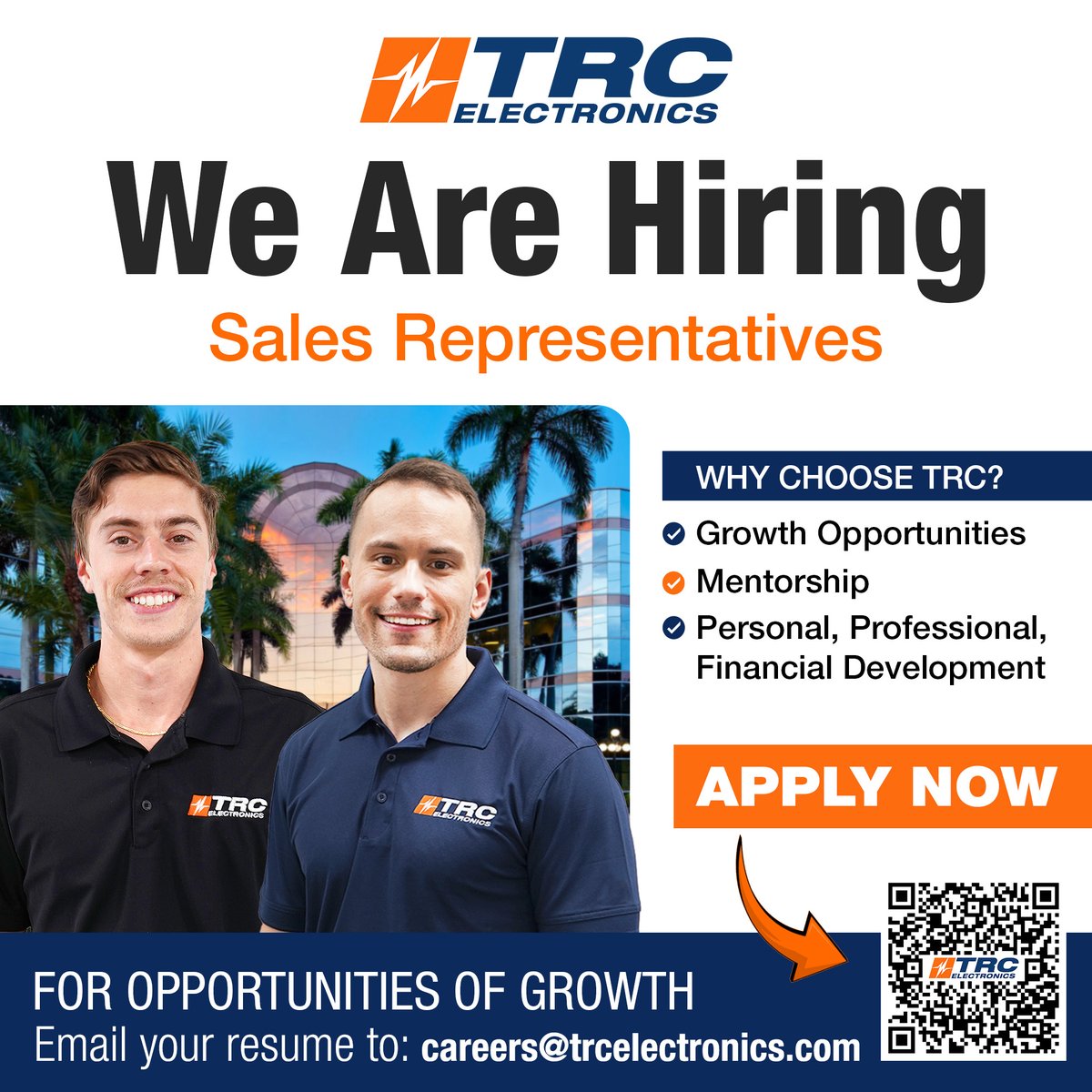 We’re hiring Sales Representatives in our Boca Raton, FL office! 🌴

Looking to be a part of a committed, growing, and high achieving team? Apply today! 🌟
Send your resume to careers@trcelectronics.com

We can’t wait to connect with you!
