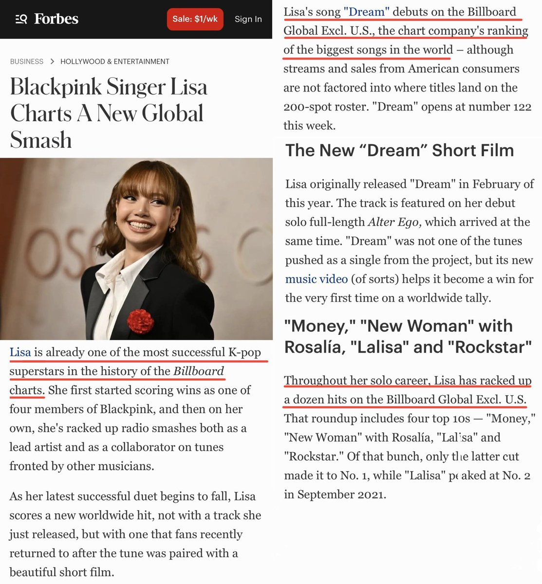 FORBES — Blackpink Singer Lisa Charts A New Global Smash

Lisa's song "Dream" debuts on the Billboard Global Excl. U.S., the chart company's ranking of the biggest songs in the world. "Dream" opens at number 122 this week.

#LISA is already one of the most successful K-pop