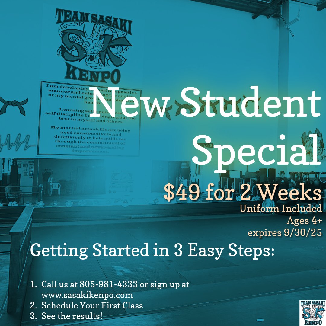 sasakikenpo's tweet image. 👊 For just $49, your child gets 2 weeks of martial arts training + a free uniform at Sasaki Kenpo!
✅ Ages 4+
✅ Confidence, discipline &amp;amp; fun
Offer ends 9/30/25!
📞 Call 805-981-4333 or visit sasakikenpo.com
#SasakiKenpo #KarateForKids #NewStudentSpecial