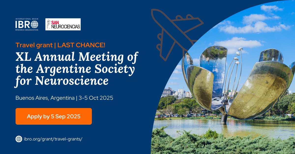 IBRO - International Brain Research Organization (@ibroorg) on Twitter photo Are you presenting at the XL Annual Meeting of <a href="/SAN_neuroAr/">SAN_Neurociencias</a>?
Register for your ticket & be considered for an IBRO travel #grant of up to 170 USD - applications closing in 3 days: ibro.org/grant/travel-g…
#IBROinAsiaPacific #IBROinUSCanada #IBROinAfrica #IBROinLatAm #IBROinEurope Are you presenting at the XL Annual Meeting of <a href="/SAN_neuroAr/">SAN_Neurociencias</a>?
Register for your ticket & be considered for an IBRO travel #grant of up to 170 USD - applications closing in 3 days: ibro.org/grant/travel-g…
#IBROinAsiaPacific #IBROinUSCanada #IBROinAfrica #IBROinLatAm #IBROinEurope