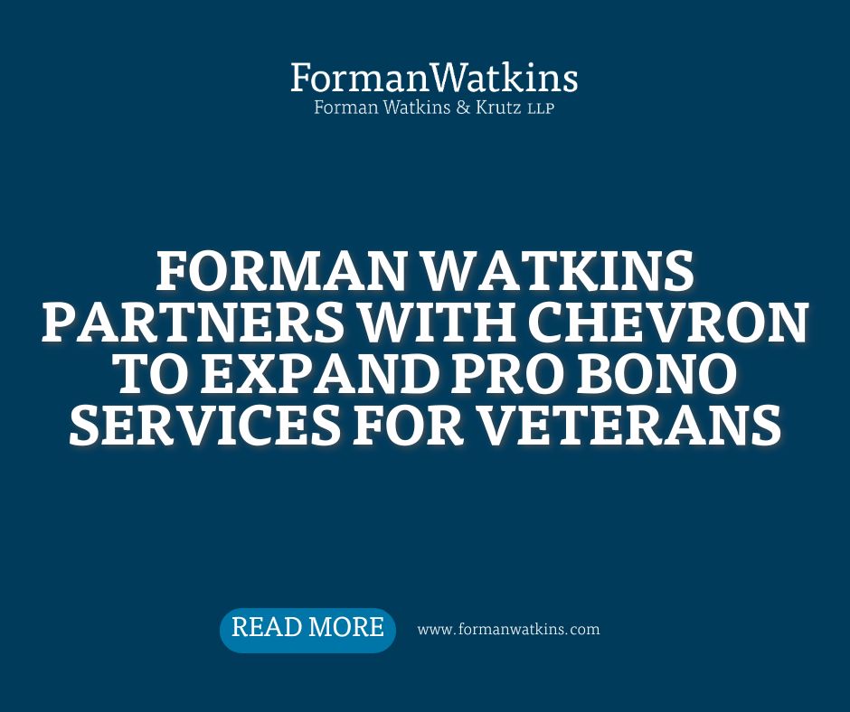 FormanWatkins is honored to partner with <a href="/Chevron/">Chevron</a>  Law Function, working alongside their attorneys and volunteers to help veterans with discharges, benefits, and the support they deserve.

Read more: formanwatkins.com/blog/formanwat…