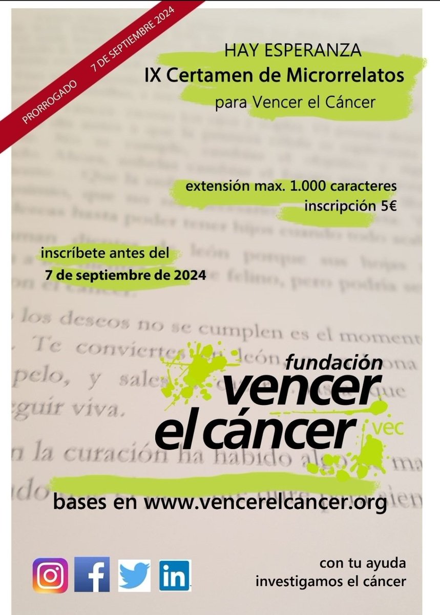 ¿Te gusta ayudar a la gente? ¿Y escribir? ¿Y si pusieras hacer las 2 cosas a la vez? Inscríbete en nuestro concurso de #microrrelatos #HayEsperanza y ayúdanos #vencerelcáncer Solo te costará 5€.
¡Queda muy poco! ⌛ 
vencerelcancer.org/se-amplia-el-i…