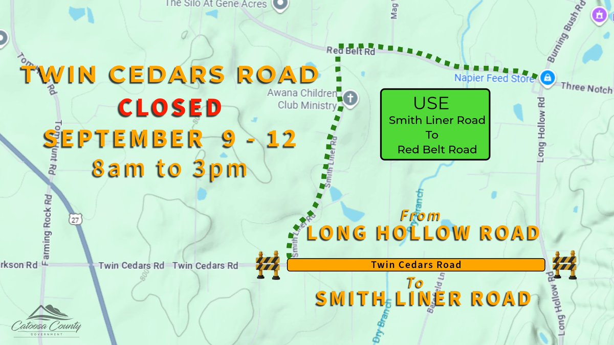 Twin Cedars Rd will be closed from Sept. 9 - Sept. 12 from 8am - 3pm so that Public Works can complete stormwater work. The closure will be from Long Hollow Rd to Smith Liner Rd, use Smith Liner Rd to Red Belt Rd as detour. <a href="/WRCBtv/">WRCB</a> <a href="/newschannelnine/">WTVC NewsChannel 9</a> <a href="/wdefnews12/">WDEF News 12</a> <a href="/CatoosaUtility/">Catoosa Utility District Authority</a>
