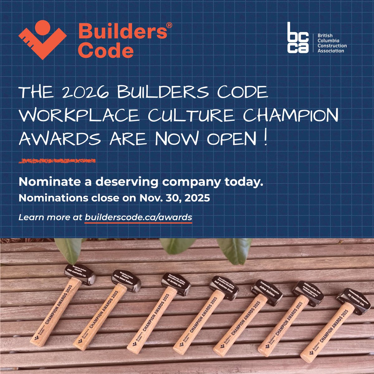 🏆𝐓𝐡𝐞 𝟐𝟎𝟐𝟔 𝐁𝐮𝐢𝐥𝐝𝐞𝐫𝐬 𝐂𝐨𝐝𝐞 𝐖𝐨𝐫𝐤𝐩𝐥𝐚𝐜𝐞 𝐂𝐮𝐥𝐭𝐮𝐫𝐞 𝐂𝐡𝐚𝐦𝐩𝐢𝐨𝐧 𝐀𝐰𝐚𝐫𝐝𝐬 𝐚𝐫𝐞 𝐎𝐩𝐞𝐧!
Do you know a company who deserves to be recognized as a Builders Code Workplace Culture Champion? Nominate them today! bit.ly/41YIimh