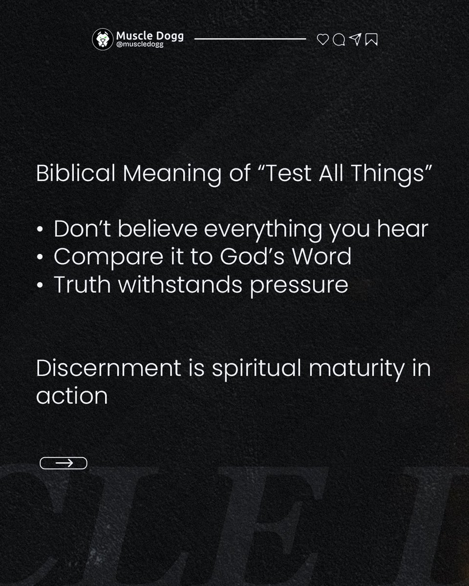 MuscleDogg's tweet photo. Not everything that sounds good is true. Scripture tells us: “Test all things; hold fast what is good” (1 Thessalonians 5:21, NKJV). The Word of God is the ultimate test strip for truth—if it doesn’t line up with His Word, it doesn’t hold up.

That includes culture, friends, AND even pastors, ministers, priests, or trusted leaders. They can be a blessing, but they too must be tested against Scripture. God’s Word is the final authority—always.

So when life throws opinions your way, don’t just lean on human wisdom. Test it. Compare it. Hold fast to what’s good.

How do you test what’s true?

#MuscleDogg #FaithCoachHopeDealer #TruthTested #WordOfGod #HoldFast