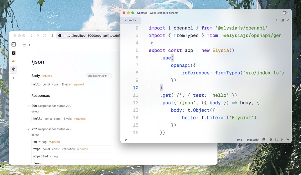 saltyAom's tweet image. Introducing Type to OpenAPI schema (experimental)
Allowing you to generate an OpenAPI schema automatically without a schema
Elysia will directly infer the type and turn it into OpenAPI Schema automatically
By adding 1 line, you get a full-fledged API documentation