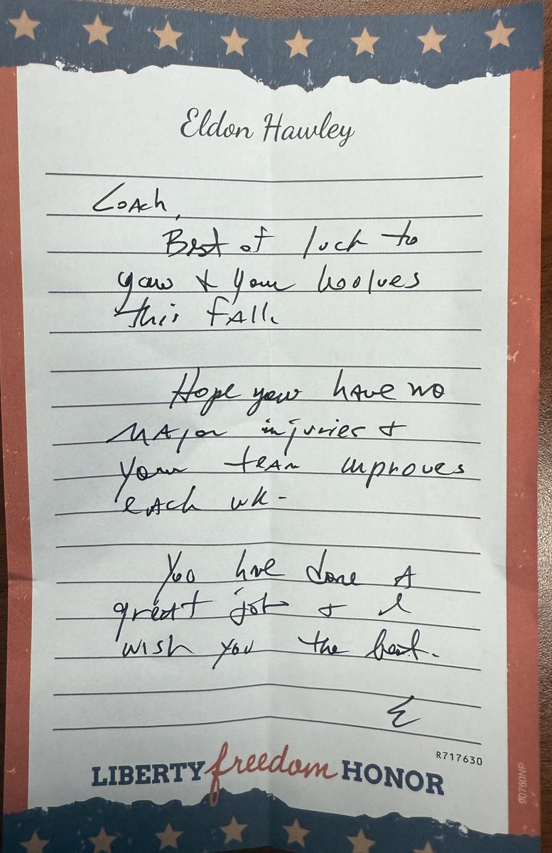 Every year my college offensive line coach, Eldon Hawley, sends me a note. It’s always simple but powerful — a reminder to work hard and change kids’ lives. He had a way of getting the absolute most out of every player he coached, and I’m grateful he still pours into me.