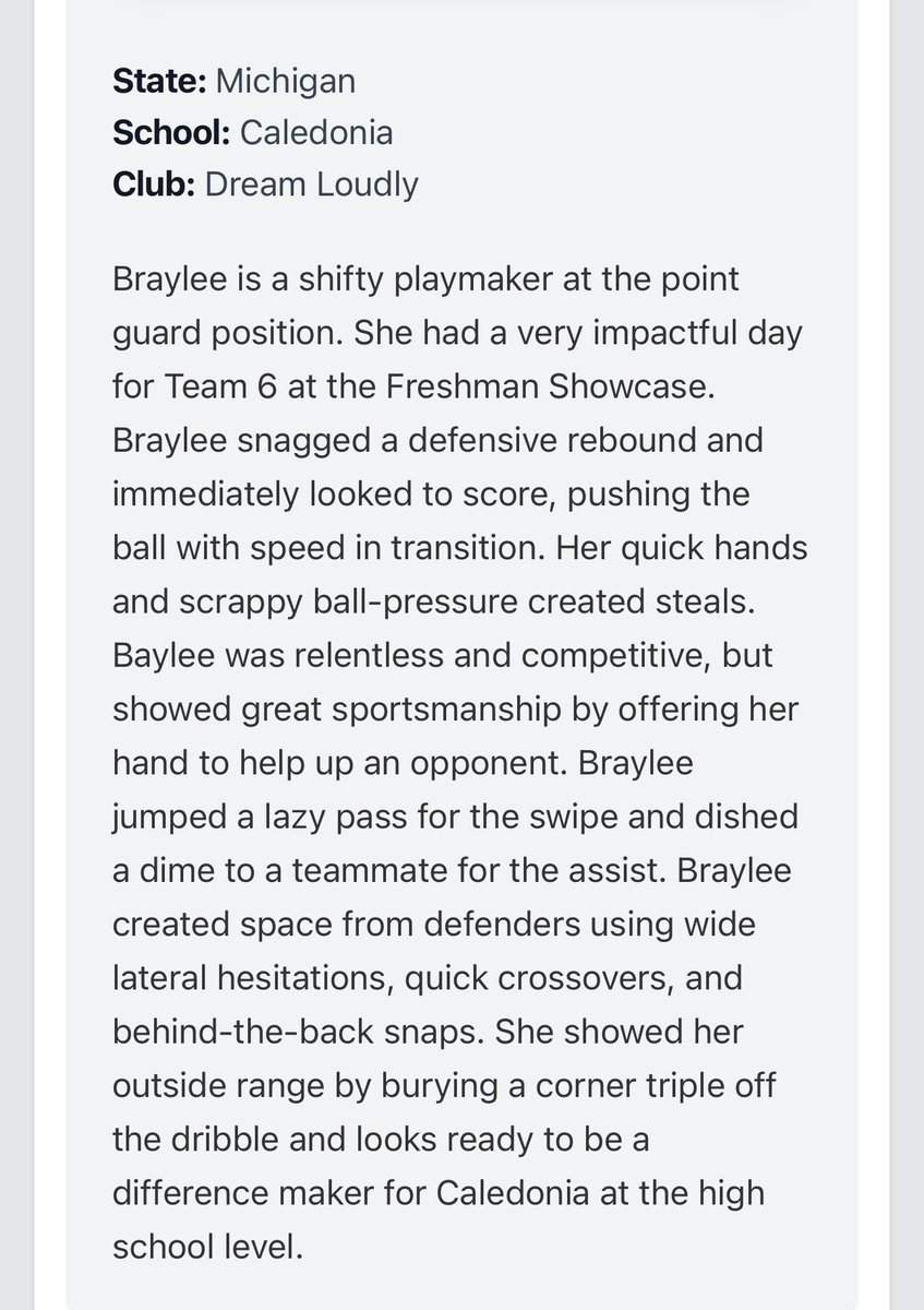 Thank you <a href="/PGHMichigan/">Prep Girls Hoops Michigan</a> <a href="/CoachEvanBell/">Evan Bell</a> <a href="/pgh_Danyle/">PrepGirlsHoopsDanyle</a>  for the thoughtful write up of my performance at the Prep Girls Hoops Freshman Showcase. I had so much fun playing with some of 2029’s top players! <a href="/calgirlsbball/">Caledonia Girls Basketball</a>