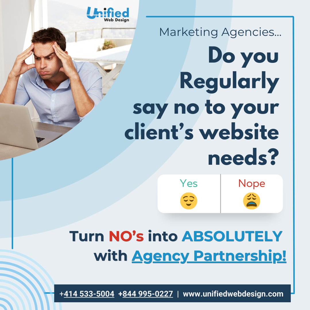 UnifiedWD's tweet image. Tired of saying “Sorry, we don’t do websites”? 🫣 Lost deals + stress don’t have to be the norm. 

Partner with Unified Web Design—we handle web design/dev so you can say “Absolutely!”

Connect with us now 🌐 unifiedwebdesign.com

#WebDesign #AgencyPartnerships #CustomWebsites