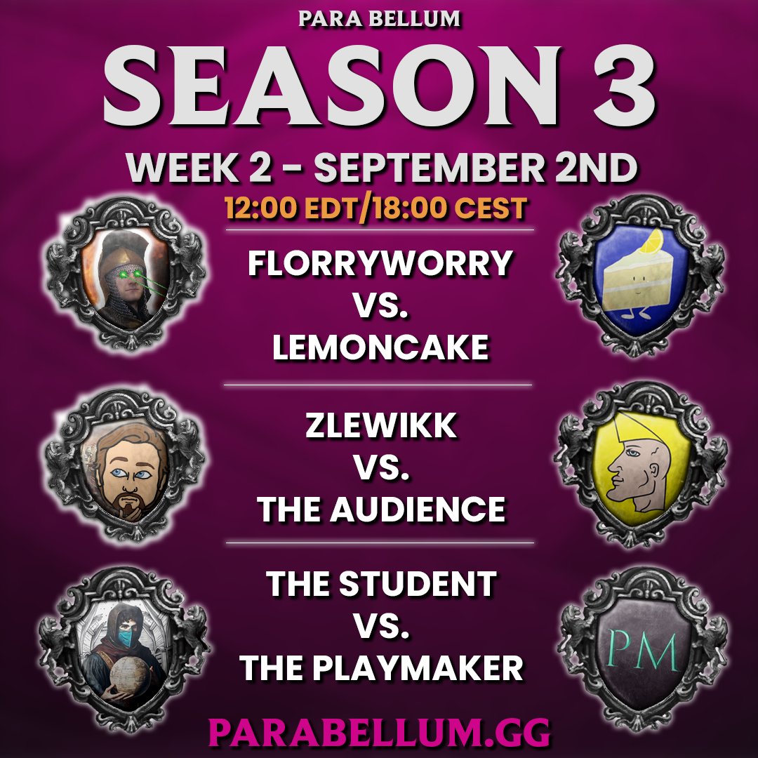 ParaBellumCorp's tweet image. This is how our competitors line up for our second week of the FINAL SEASON of EU4: Hegemon. LIVE this Wednesday only on parabellum.gg