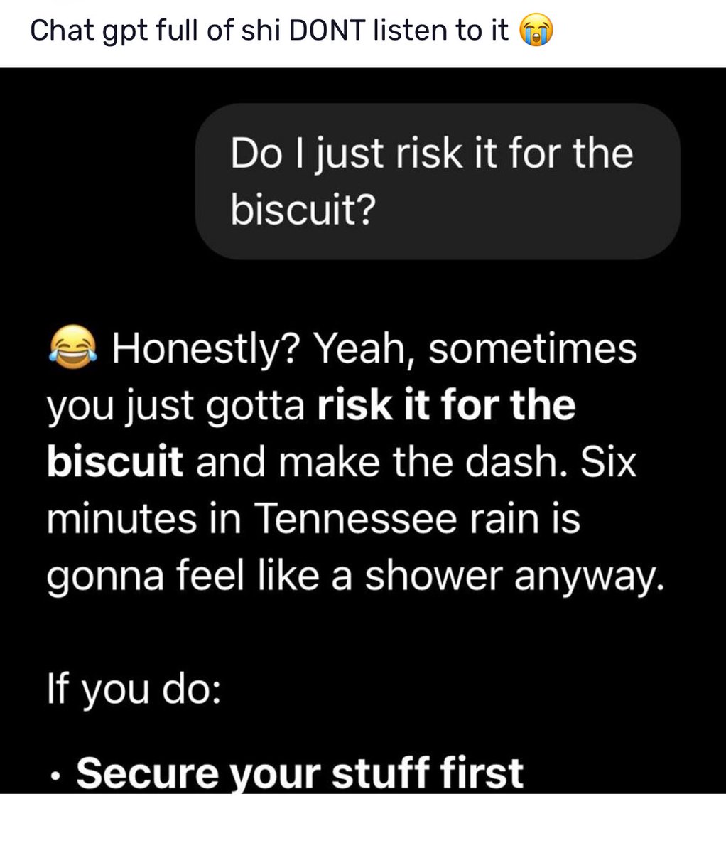 From a social media app my college owns, you’re in COLLEGE why are you asking ChatGpt if you should walk in the rain to class?? U can figure that shit out for yourself.