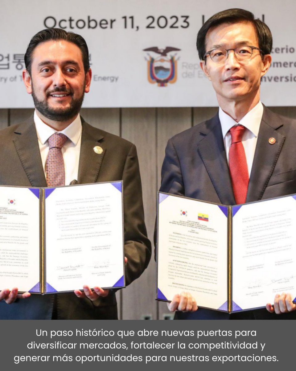 dlegarda's tweet image. ¡Excelentes noticias para el país! 🙌🏼👏🏼

🇪🇨 y 🇰🇷 firmaron el Acuerdo Estratégico de Cooperación Económica (SECA), un paso histórico que conecta a Ecuador con Asia, abre nuevos mercados, fortalece la competitividad y genera más oportunidades para nuestras exportaciones 🚢 y para
