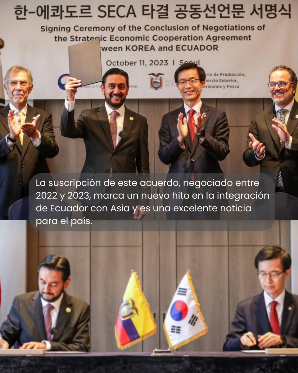 dlegarda's tweet image. ¡Excelentes noticias para el país! 🙌🏼👏🏼

🇪🇨 y 🇰🇷 firmaron el Acuerdo Estratégico de Cooperación Económica (SECA), un paso histórico que conecta a Ecuador con Asia, abre nuevos mercados, fortalece la competitividad y genera más oportunidades para nuestras exportaciones 🚢 y para