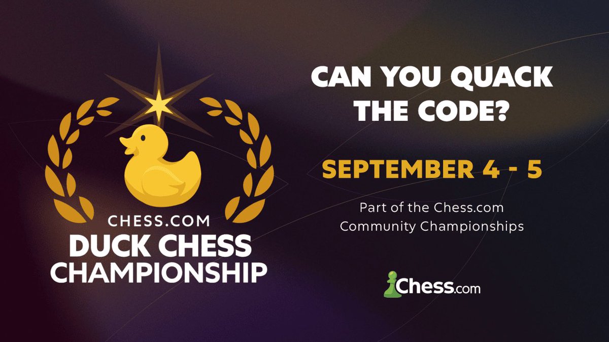 Show Off Your Best Quacktics In The Upcoming Duck Chess Championship! 

Are you ready to compete in one of the craziest variants ever invented? Featuring a $2,500 prize fund, the most savage tactics, and a fearsome rubber duck, anything can happen in this event! Info below! 🐤👇