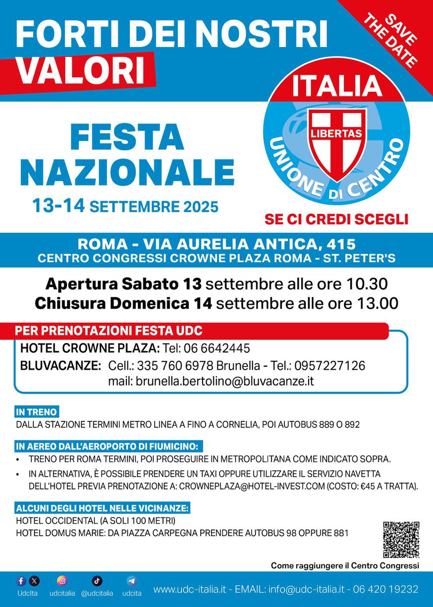 Lorenzo Cesa (@l_cesa) on Twitter photo 📌 SAVE THE DATE 🇮🇹 FESTA NAZIONALE <a href="/UdcIta/">Unione Di Centro</a>
📍 Roma, Crowne Plaza St. Peter’s 📅 13-14 Settembre 2025
Due giorni per confrontarci e costruire il futuro del Paese, insieme. 💪🇮🇹
🕥 Sabato ore 10.30 – 🕐 Domenica ore 13.00
👉 Info: udc-italia.it/festa-nazional…
#FestaNazionaleUDC #UDC 📌 SAVE THE DATE 🇮🇹 FESTA NAZIONALE <a href="/UdcIta/">Unione Di Centro</a>
📍 Roma, Crowne Plaza St. Peter’s 📅 13-14 Settembre 2025
Due giorni per confrontarci e costruire il futuro del Paese, insieme. 💪🇮🇹
🕥 Sabato ore 10.30 – 🕐 Domenica ore 13.00
👉 Info: udc-italia.it/festa-nazional…
#FestaNazionaleUDC #UDC