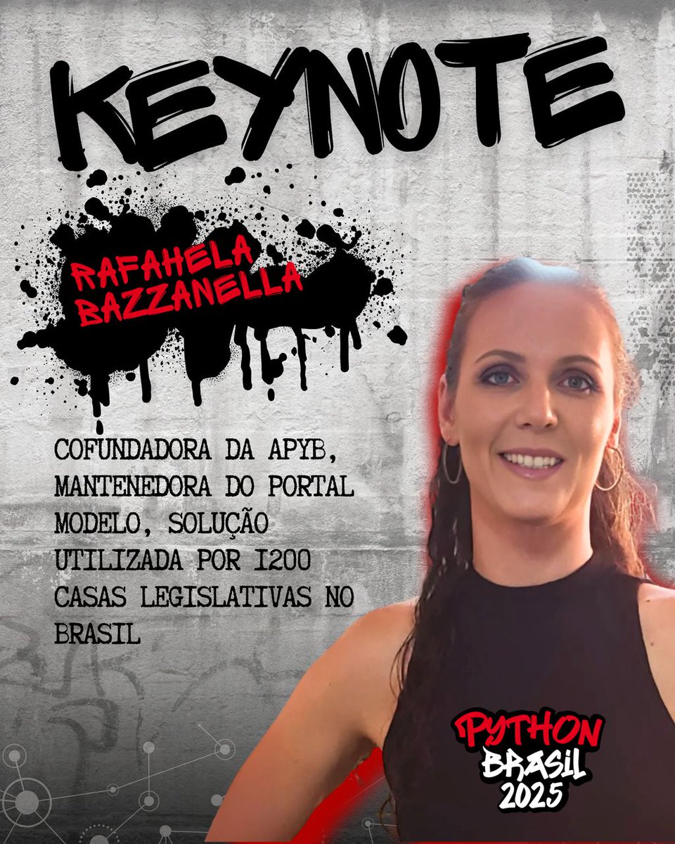 pythonbrasil's tweet image. Temos a honra de apresentar nossa segunda Keynote: Rafahela Bazzanella!

Rafahela é cofundadora da @associacaopythonbrasil, mantenedora do Portal Modelo, solução utilizada por 1200 casas legislativas no Brasil e mãe do Rodrigo 🥰 

#python #pythonbrasil #bolhadev #pybr2025