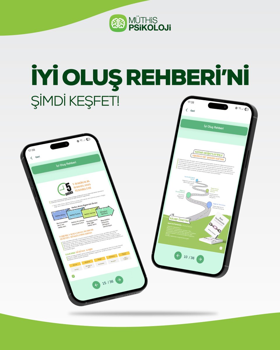 “İyi Oluş Rehberi”; yaşamın her alanına anlam katmak için tasarlanmış, zihinsel dayanıklılığı güçlendiren ve içsel potansiyeli ortaya çıkaran bilimsel temelli yaşam boyu bir yol haritası.💚 
muthispsikoloji.com/app_download

#müthişpsikoloji #iyioluşrehberi