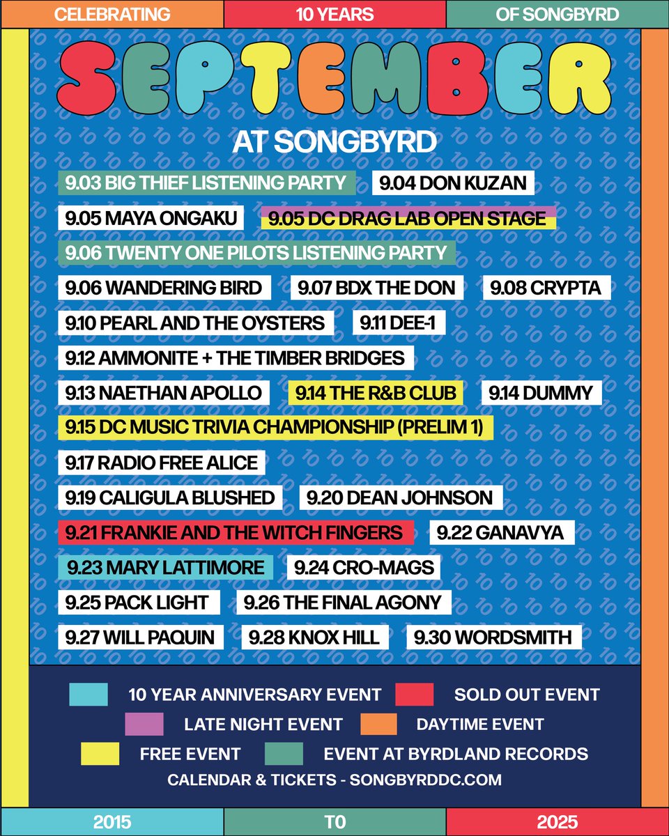 September at The Byrd ✨Fall is upon us and we’re officially kicking off our 10th anniversary celebration this month!

Keep an eye out for more special merch and anniversary happenings!

Full calendar with tix links >> songbyrddc.com/events/
