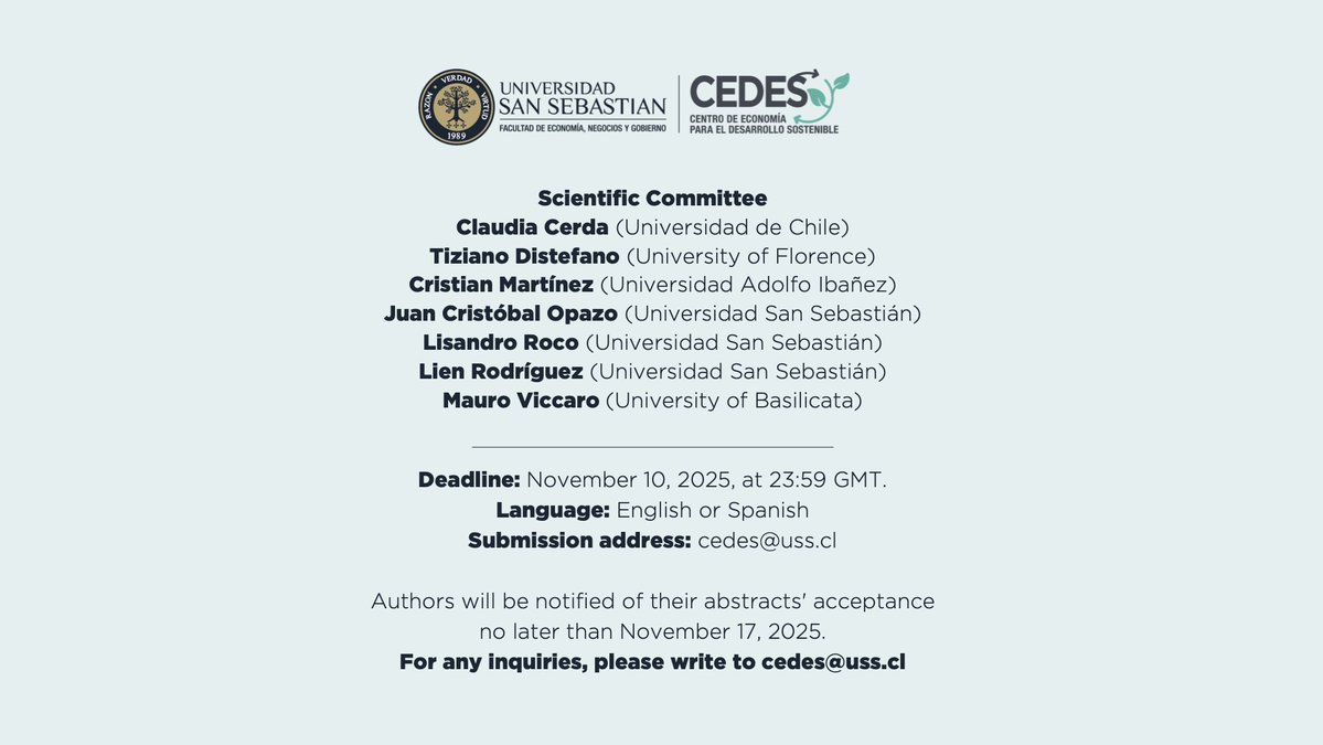 Call for abstracts para nuestro segundo workshop internacional "Integration of Science and economics for sustainable development", más información en nuestro sitio web: uss.cl/cedes