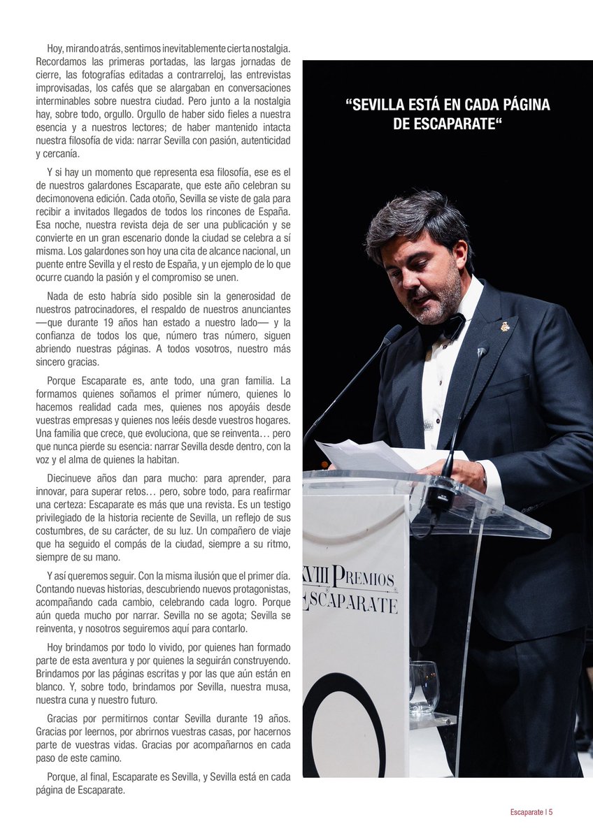 Revista Escaparate (@escaparaterevis) on Twitter photo DIECINUEVE AÑOS CONTANDO SEVILLA
"Sevilla no se agota"
La carta de nuestro director <a href="/niebladeltoro/">Mario Niebla del Toro</a> para la edición de septiembre de 2025.
#revistaescaparate
#sevilla #andalucia #lafiestadelavida
#somosescaparate #somossevilla DIECINUEVE AÑOS CONTANDO SEVILLA
"Sevilla no se agota"
La carta de nuestro director <a href="/niebladeltoro/">Mario Niebla del Toro</a> para la edición de septiembre de 2025.
#revistaescaparate
#sevilla #andalucia #lafiestadelavida
#somosescaparate #somossevilla