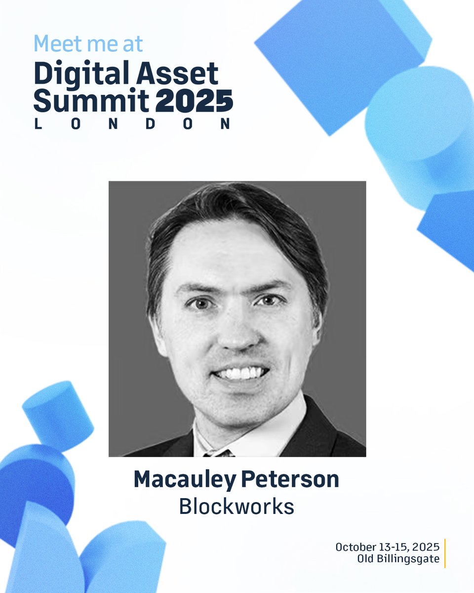 Macauley 🟪 Editooor (@yeluacam) on Twitter photo I'll be at DAS London 2025, the institutional event of the year, October 13-15.
Excited to meet attendees working on and around Ethereum.
If you are attending and would like to meet, drop me a message.
Tickets: blockworks.com/DAS (10% off with code "PETERSON10") I'll be at DAS London 2025, the institutional event of the year, October 13-15.
Excited to meet attendees working on and around Ethereum.
If you are attending and would like to meet, drop me a message.
Tickets: blockworks.com/DAS (10% off with code "PETERSON10")