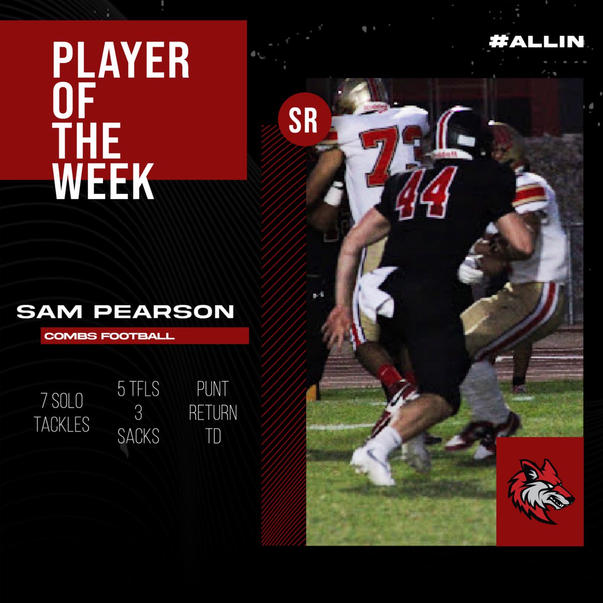 Our Player of the week last night for his outstanding performance on the defensive side of the ball!! Huge stats for this kid! Help us celebrate his hard work last Friday! #CombsHighSchool #fridaynightlights #ALLin