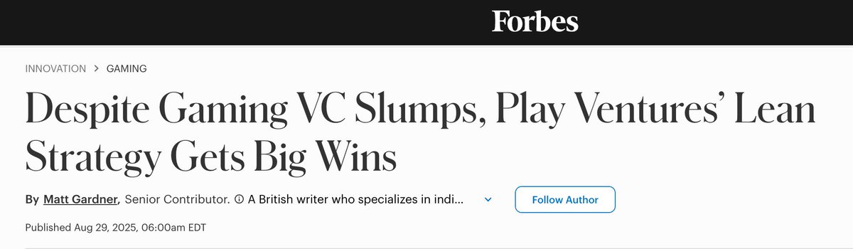 Great write up in <a href="/Forbes/">Forbes</a> about our formidable investors <a href="/PlayVentures/">Play Ventures</a> 👏 
Thank you for the mention <a href="/MattGardner/">Matthew Gardner</a>! Read more: forbes.com/sites/mattgard…