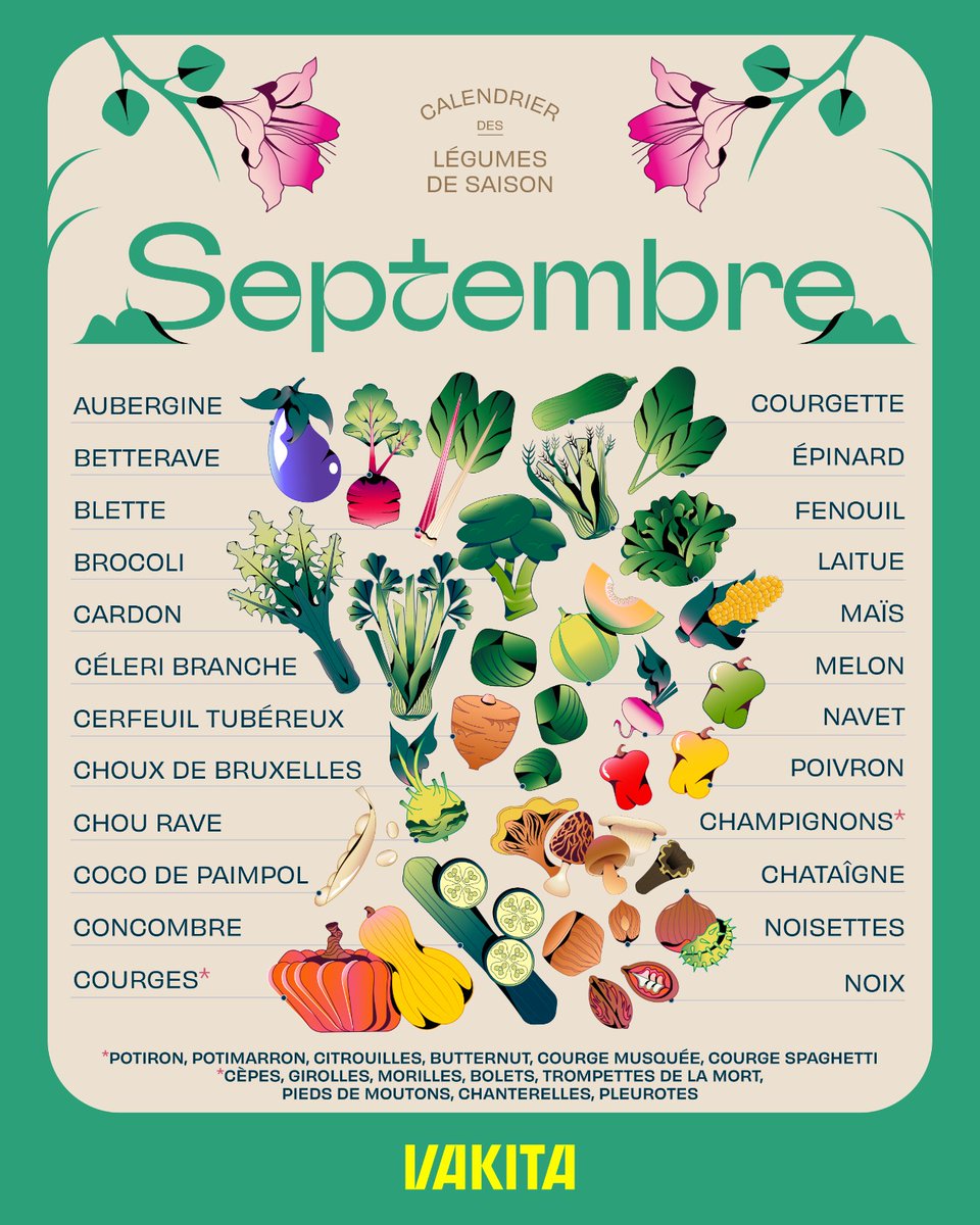 vakitamedia's tweet image. Voici les fruits et légumes du mois de septembre ! 🍎

Choisir des produits de saison, c’est privilégier une consommation locale et réduire son impact écologique !

Retrouvez ce calendrier chaque mois sur notre application et sur notre site web Vakita.fr.

Et…