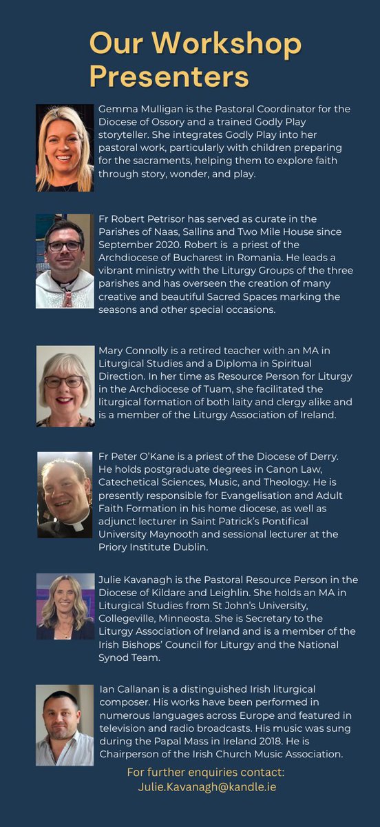 Meet our workshop presenters for the Kildare &amp; Leighlin Liturgy Conference on 20 September.
Booking essential. See kandle.ie for details &amp; to book your place. 
<a href="/CatholicBishops/">CatholicBishops</a> <a href="/BishopDNulty/">Bishop Denis Nulty</a>