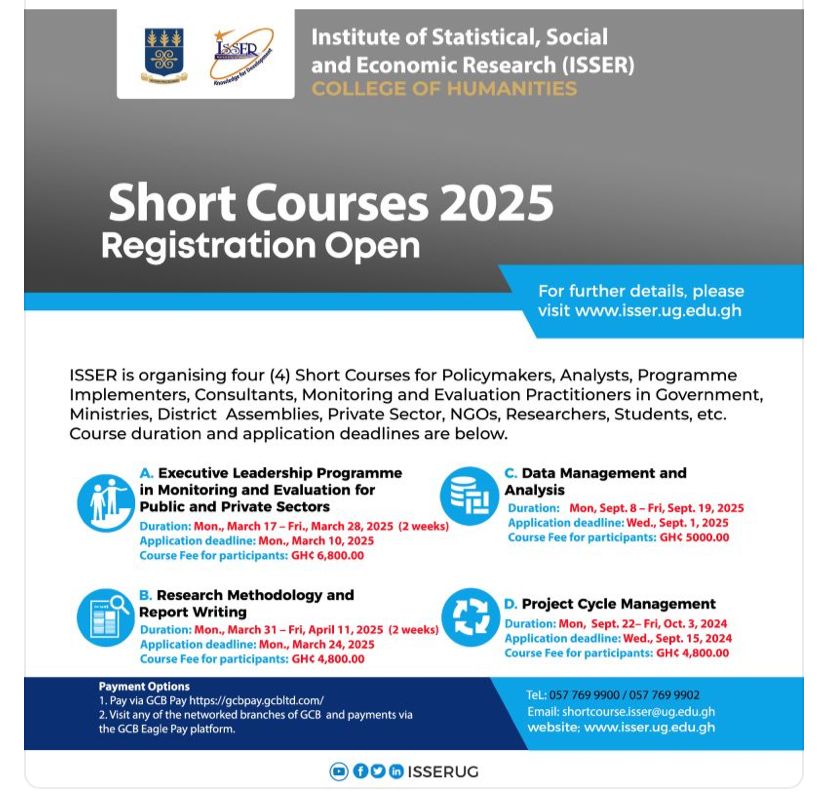 EHablameh's tweet photo. Unlock your potential in 2025 with ISSER’s transformative short courses—designed for policymakers, analysts, researchers, and practitioners—equipping you with cutting-edge skills in leadership, research, data management, and project cycle management to excel in all sectors. https://t.co/dp6inHv6dq