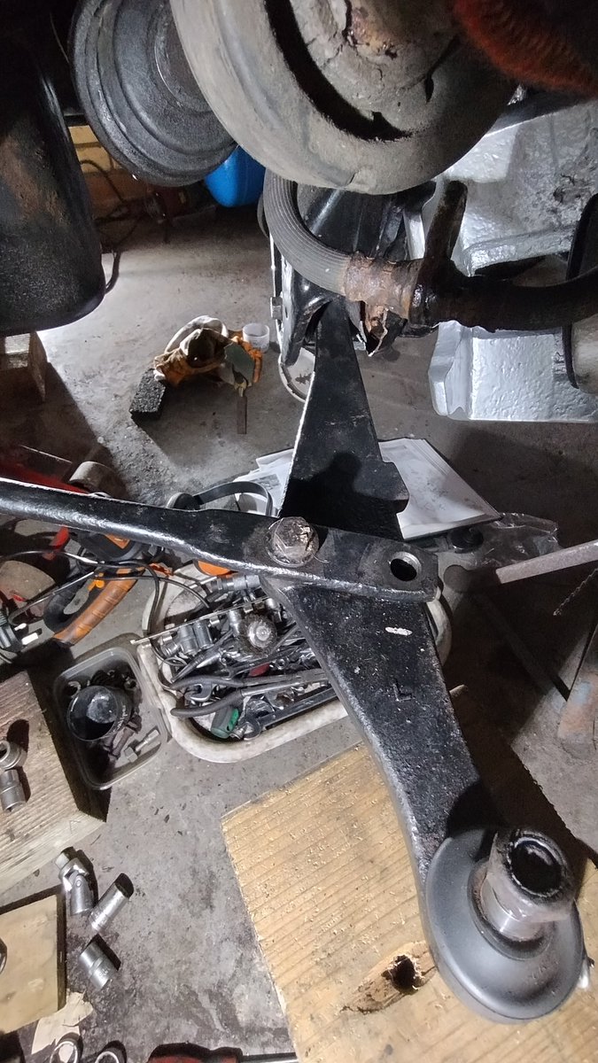 Installing the tiebars after new paint and urethane bushes but the bolt holes now don't line up or rather one or the other does but not both. Got to pre-load the arm by pulling it towards the front while keeping it approx in ride height position as if the car was on its wheels.