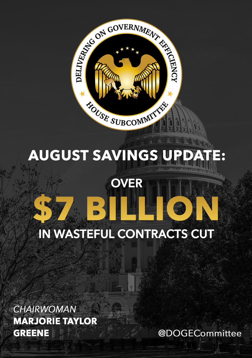 DOGECommittee's tweet photo. DOGE AUGUST SAVINGS UPDATE! 💰🪓

Over $7 BILLION in WASTEFUL contracts cut. 

Including:

🗑️ $2.4M DoD contract for “transgender health medical evaluation unit services”

🗑️ $35M USAID contract to “acquire contractor support to establish and manage a flexible, quick response mechanism supporting activities” in El Salvador 

🗑️ $1.17M NSF consulting contract for “merit review experience study”

🗑️ $785k State Dept. consulting contract for “staffing”

🗑️ $1.5M Dept. of Treasury contract for “Word Processing and Document Formatting Services Examination Training”

🗑️ $48.7M USAID contract for “the Belarus Regional Initiative to provide transition activities” in Belarus and other countries in Europe

This is the product of @DOGE @DOGECommittee: Savings and Accountability.