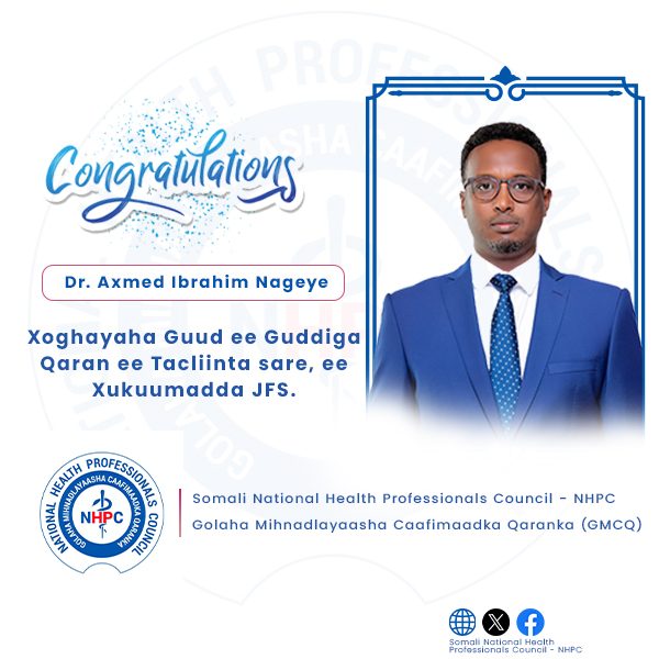 Congratulations to Dr. <a href="/Nageeye/">Ahmed Ibrahim Nageye, PhD.</a> on his appointment as Secretary General of the National Higher Education Committee. We look forward to his remarkable leadership in advancing #Somalia’s higher education and to our stronger collaboration for a healthier and more educated nation.
