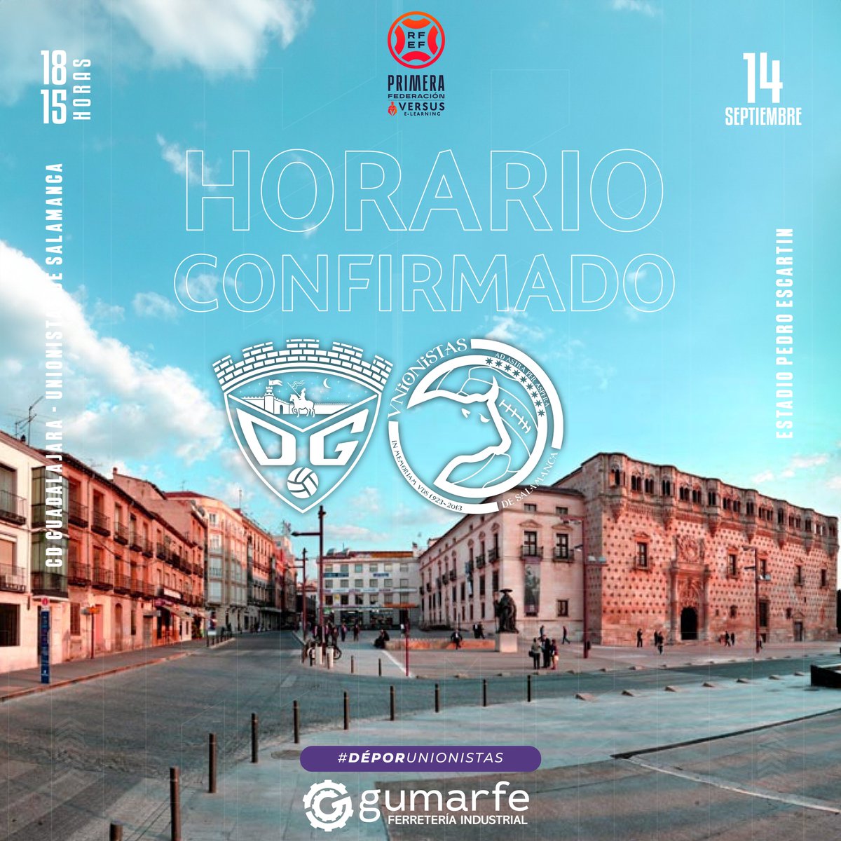 🚨 HORARIO CONFIRMADO

🟣Jornada 3
CD Guadalajara🆚 Unionistas de Salamanca CF
🗓️ Domingo 14
⏰ 18.15 h 
🏟️ Pedro Escartín

#AúpaDépor 💜