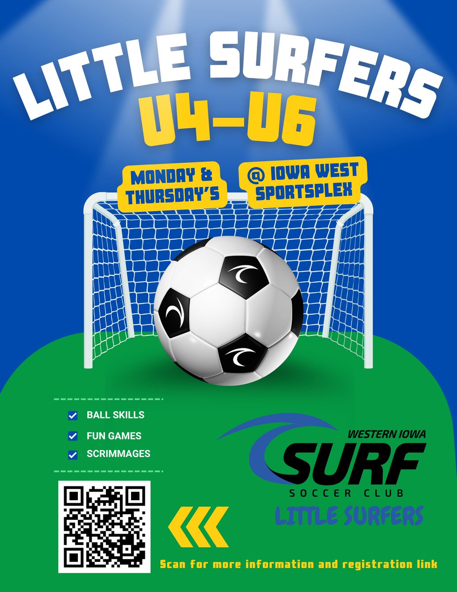 🌊⚽ Little Surfers Kick Off Next Week! ⚽🌊
📅 Monday, September 8, 2025
📍 Iowa West Sports Plex
👧👦 Ages U4–U6
⚠️ Spots are almost gone—don’t miss your chance to get your little one started in soccer! 🙌
👉 Register here: westerniowasurf.com/littlesurfers