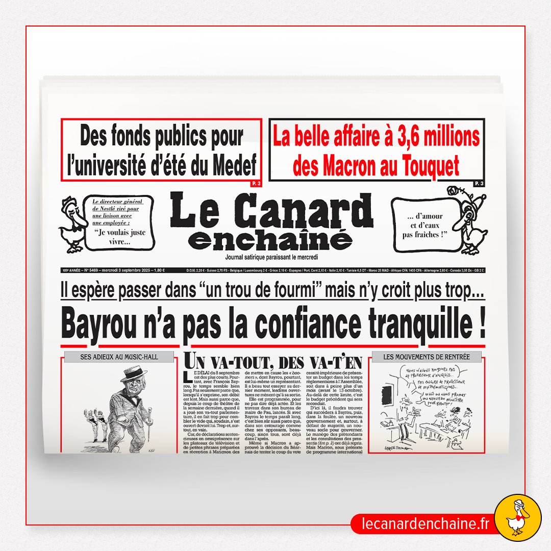 La nouvelle édition du "Canard" est arrivée !
➡️ En ligne sur lecanardenchaine.fr
➡️ Dispo aussi sur l’appli (pour les abonnés)
➡️ Le mercredi chez les marchands de journaux