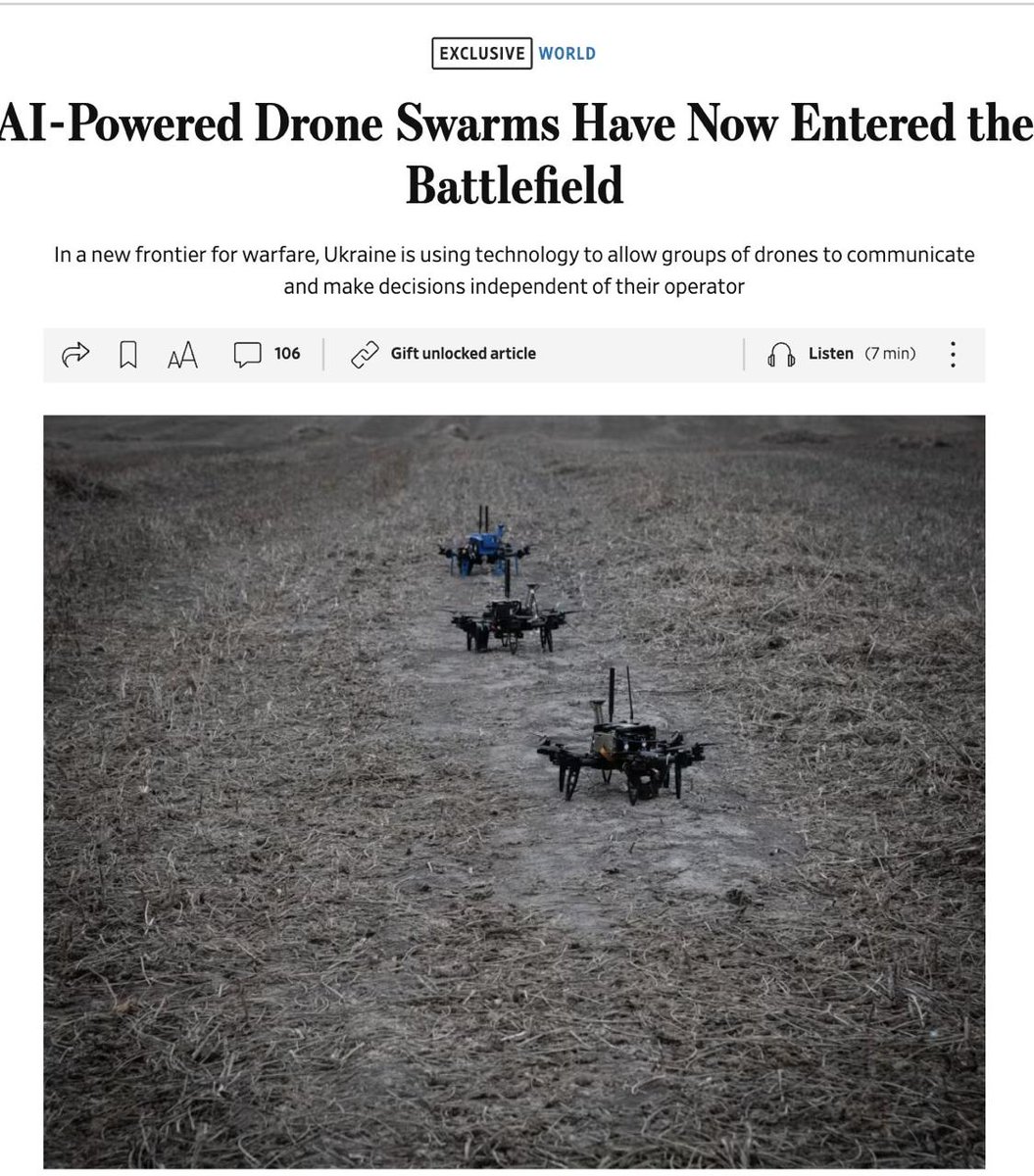Ukraine becomes the first country to regularly deploy AI-powered drone swarms in combat

The “Swarmer” software, developed by a local startup, enables drones to coordinate their actions and independently decide when to attack. 

A Ukrainian officer described it this way: “You set