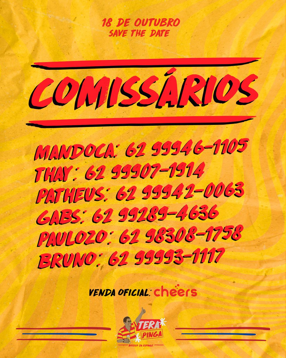 Você piscou e o lote promocional acabou! O evento tá IMPERDÍVEL para todos os cachaceiros de plantão! Vem tomar uma com a Esfinge e afogar as mágoas no melhor mé de Goiânia!

Ingressos disponíveis na Cheers e com nossos comissários!🎟️

TERAPINGA 💬🍺
📆 18/10