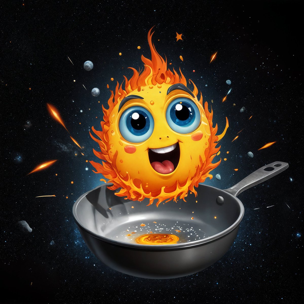 卡通插画：一个可爱的火焰太阳状蛋从平底锅里跳出来，背景为宇宙场景