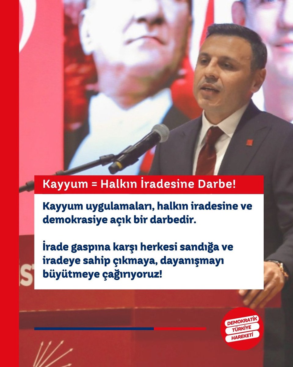 Kayyum uygulamaları, halkın iradesine ve demokrasiye açık bir darbedir!
 
Ana muhalefet partisi ve Türkiye'nin birinci partisi olan CHP İstanbul İl örgütüne kayyum atanması, sadece seçilmişlere değil, doğrudan demokrasimize yapılmış bir saldırı ve sandığı yok saymaktır.
