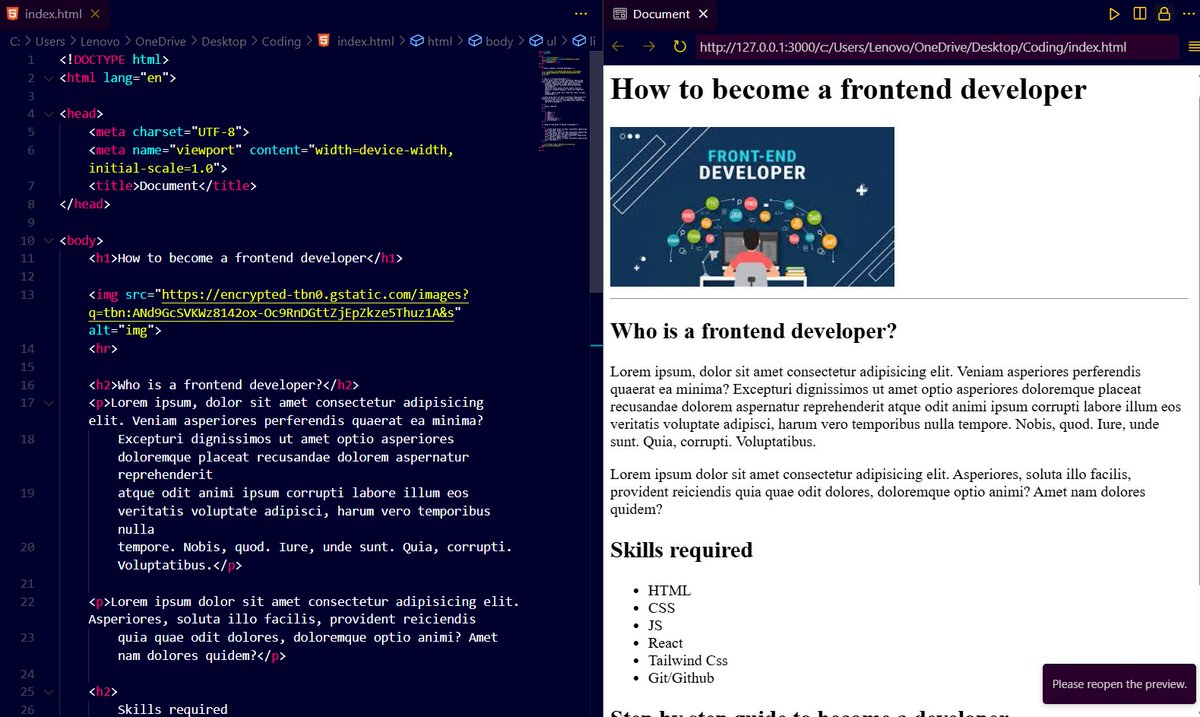 AviralPati36374's tweet image. Day 2 of learning MERN Stack Development by @rohit_negi9
HTML basics completed: ✅
Heading, paragraph, break, anchor, image tags, and lists.
It feels like giving a website a heartbeat ❤️ #LearningWebDev #CodingJourney #LearnInPublic