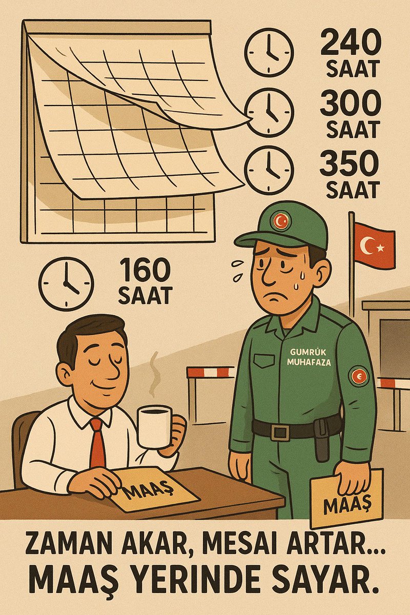 Riskten uzak 8-5 çalışan memur; 7/24,rotasyonlu,silahlı ve risk durumu yüksek olarak çalışan Gümrük Muhafaza Memurundan daha yüksek maaş alıyor. GMM en az 240 saat çalışıp aldığı mesaiyle birlikte ancak o zaman en düşük memurun bir tık üzerine çıkmaktadir.

#MemurlaraMaasReformu