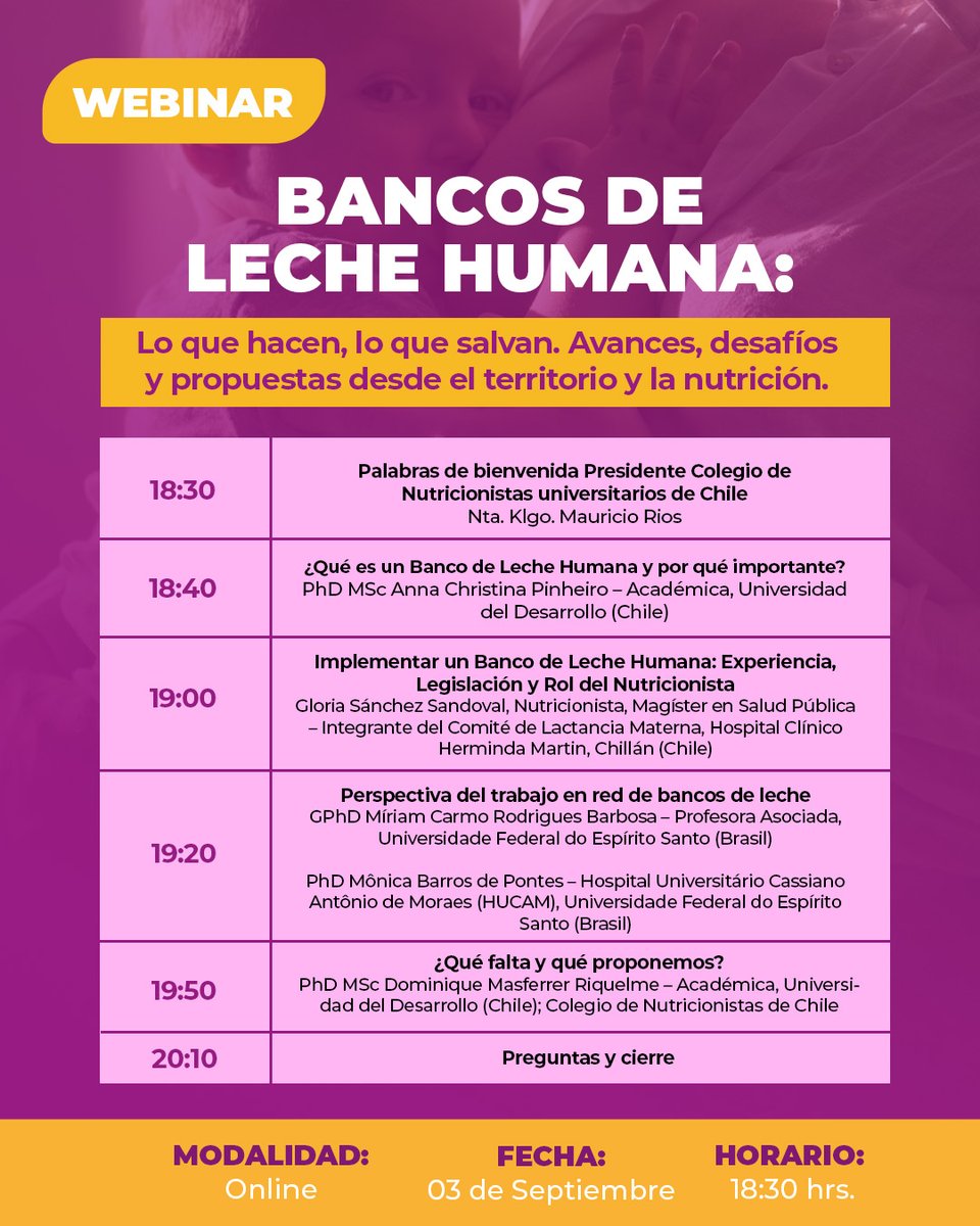 nutrichile's tweet image. 🌍 Webinar Gratuito: Bancos de Leche Humana: lo que hacen, lo que salvan
📅 3 septiembre | 🕡 18:30 hrs (Chile)
💻 Online | ¡Gratuito!
Expertas de 🇨🇱 Chile y 🇧🇷 Brasil compartirán avances, desafíos y propuestas.
🔗 Inscríbete:uchile.zoom.us/meeting/regist…