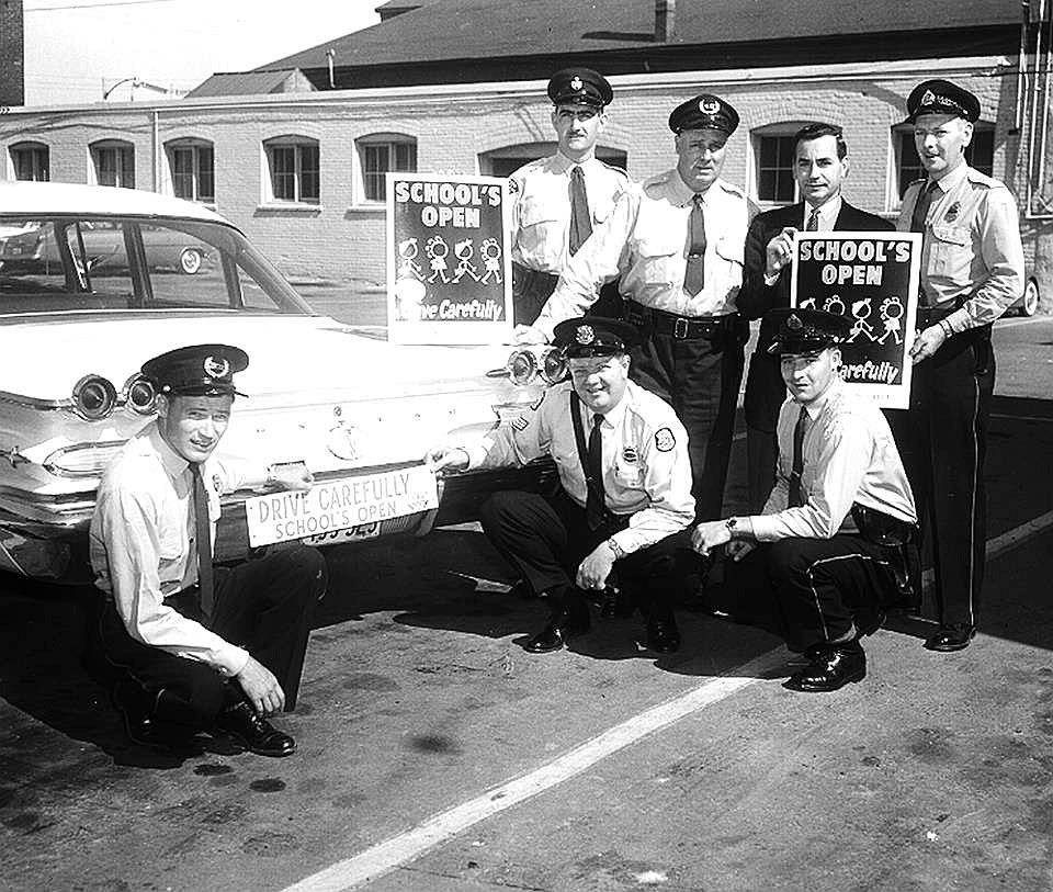 HPS_Museum's tweet photo. Welcome back to school. These traffic safety officers from our former municipal departments got together to get the message out to drive safely. #HPSArchives #PoliceHistory #HamOnt #HamOntHistory #HPSHistory #HPSMuseum https://t.co/Px41AgelRo