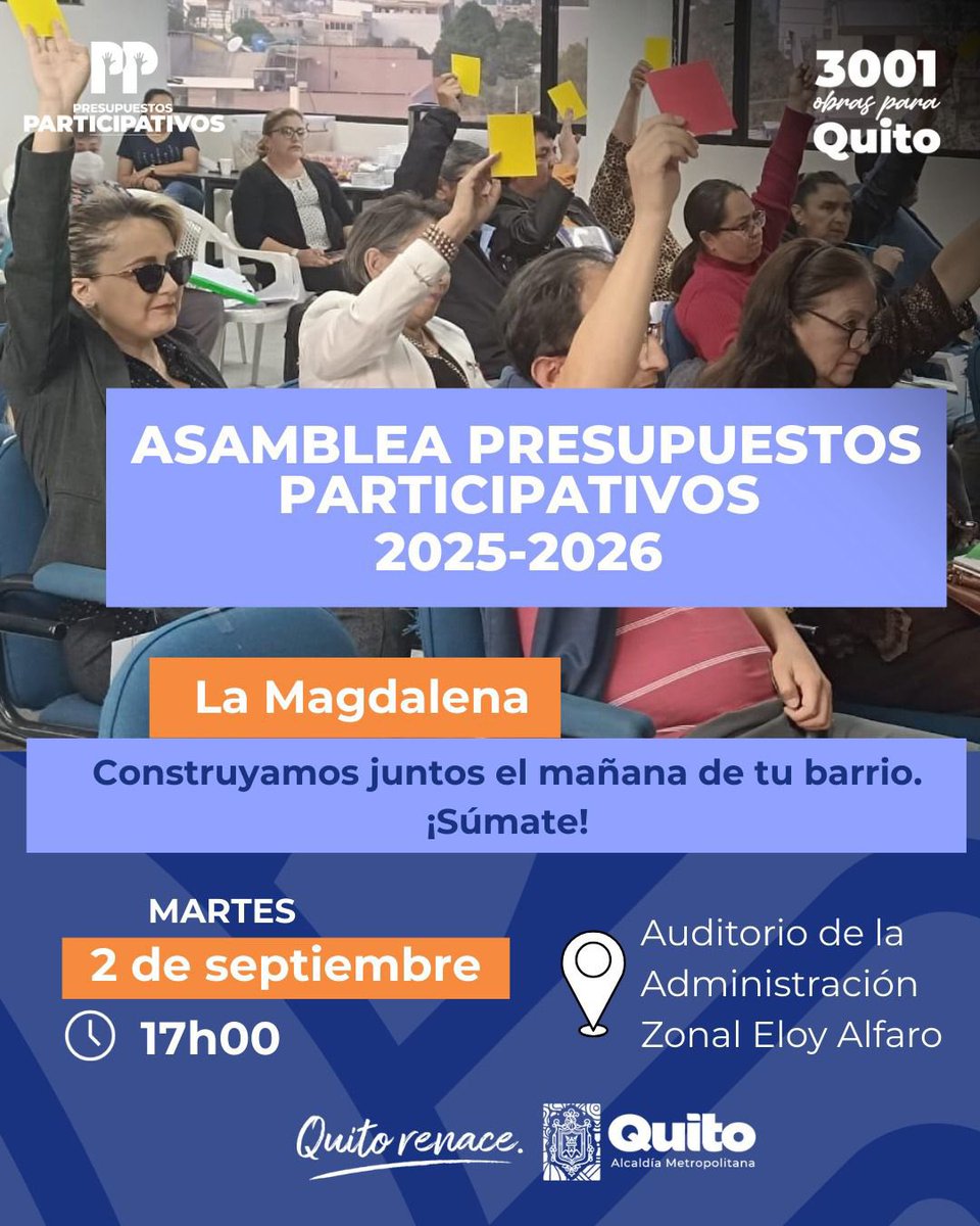 👉 #ZonalesEnAcción | Hoy La Magdalena decide su futuro. 🙋🏽‍♀️🙋🏻‍♂️

Vecinas y vecinos priorizan las obras y proyectos que transformarán su comunidad. 🤝✨

🗓️ 2 de septiembre 
🕒 17h00
📍 Auditorio Administración Zonal Eloy Alfaro

¡Te esperamos, no faltes! 💪
#QuitoRenace ❤️💙
