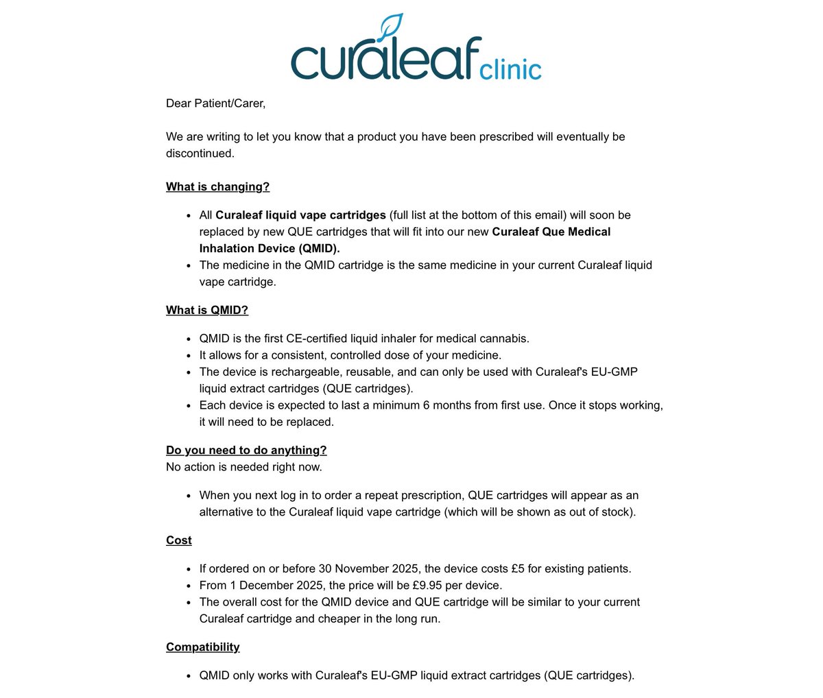 Unfortunately @CuraleafInt appear to be trying to force their existing vape  cartridge patients to use their new budget own-brand device, by  discontinuing all their universal fitment cartridges  A step backwards  today