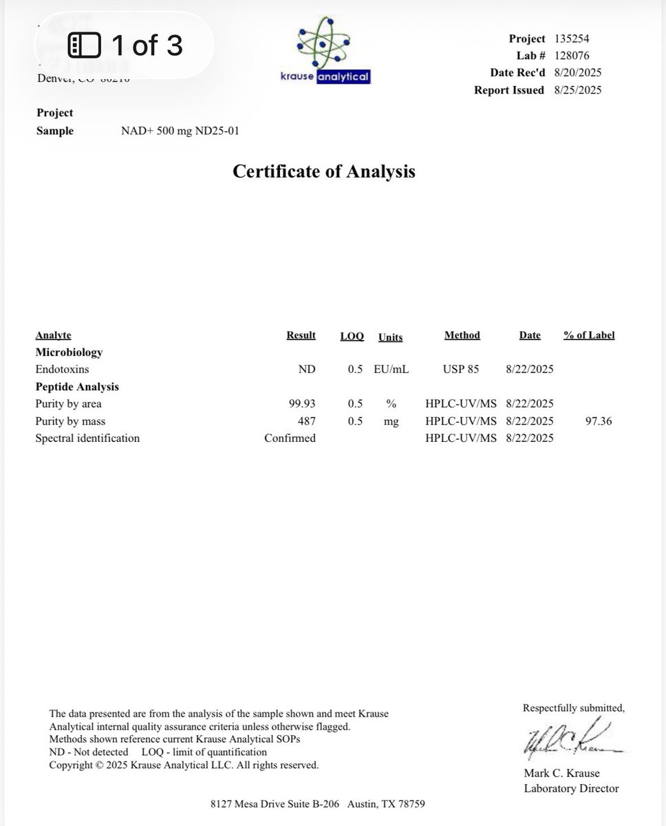 A month lost in the mail in uncontrolled summer heat, peptides still tested 99.9%+ pure, no endotoxins. That’s not luck, it’s proper lyophilization and formulation. Removing moisture and stabilizing the peptide matrix prevents degradation. Stability is one of the clearest markers