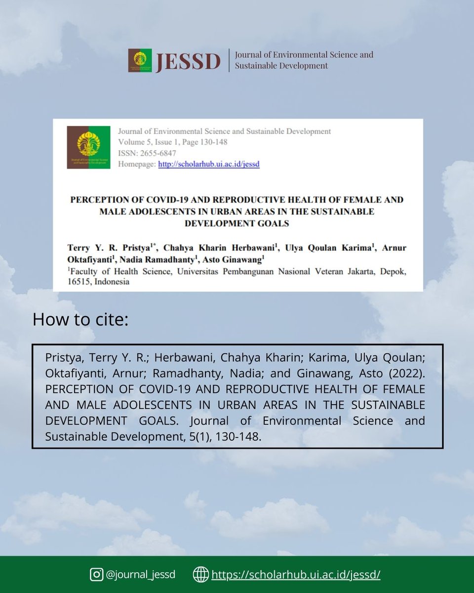 JournalJESSD's tweet image. The study aimed to analyze reproductive health and adolescents’ perceptions during the Covid-19
pandemic era in urban areas.

Scopus link: scopus.com/pages/publicat…

Paper link: scholarhub.ui.ac.id/cgi/viewconten…

#JESSD #EnvironmentalScience #SustainableDevelopmentGoal #Research