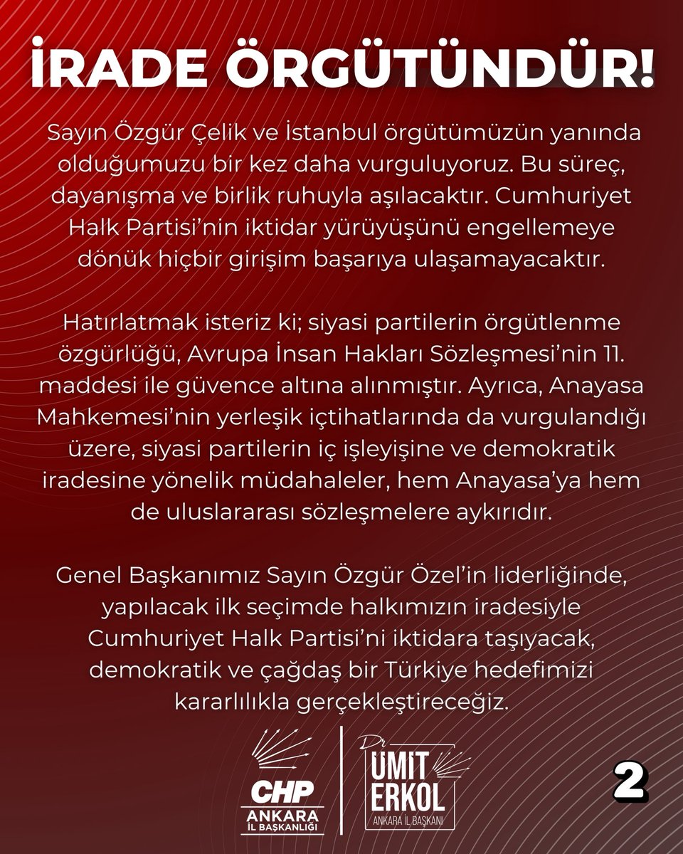 Cumhuriyet Halk Partisi İstanbul İl Başkanı Sayın Özgür Çelik ve İstanbul İl Kongremiz hakkında alınan kararları yakından takip etmekteyiz.

Partimizin en temel gücü, delegelerimizin iradesidir. Bu irade, Anayasa’nın 68. ve 69. maddelerinde güvence altına alınan siyasi partilerin